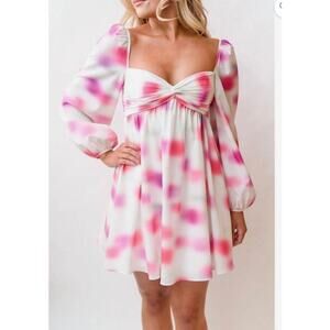 Revolve Amur marlowe long sleeve mini babydoll dress ivory pink watercolor 8 NWT